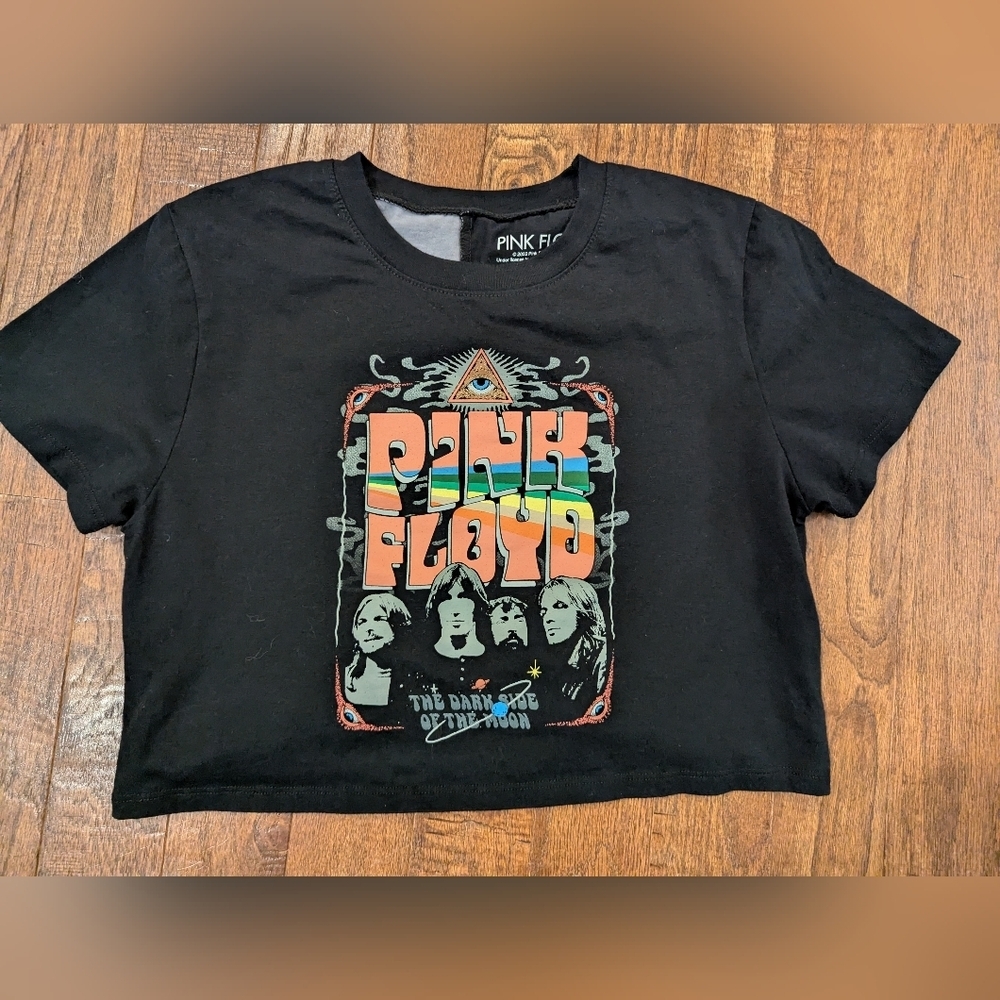 Pink Floyd Black Short Sleeve Crop Tee with Psychedelic Design Women's Jr XL